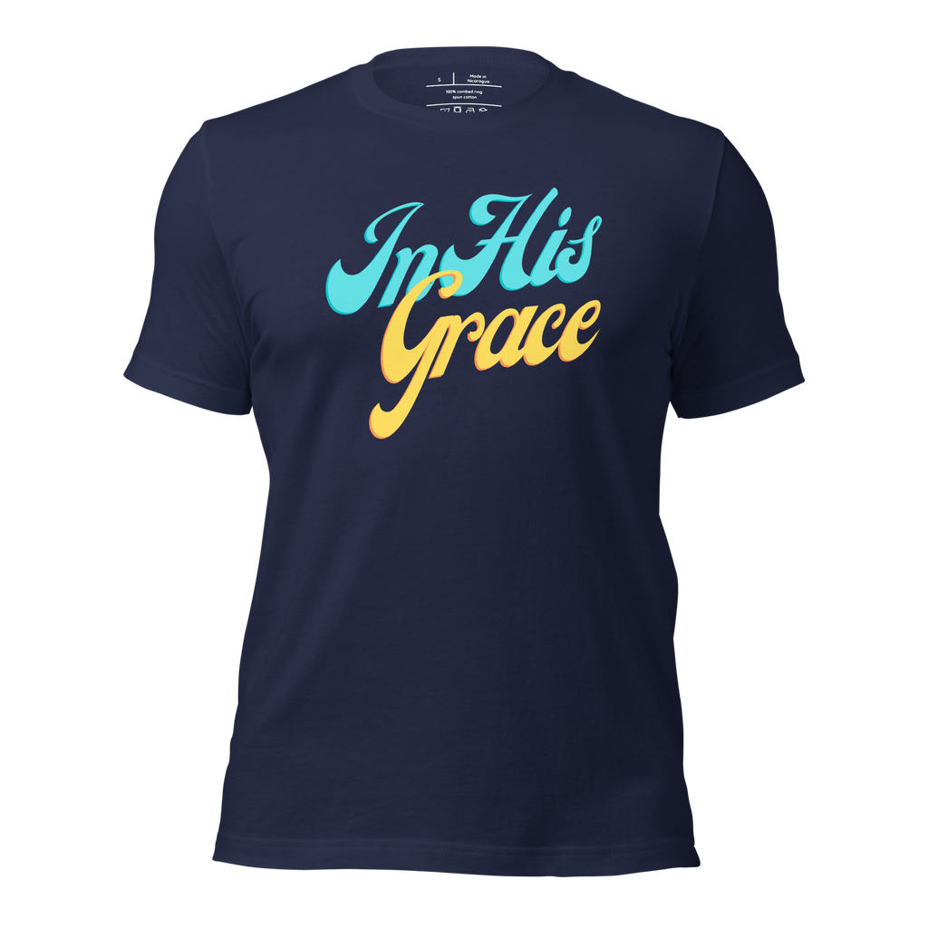 3D mockup of the 'In His Grace' T-shirt in Navy, displaying the elegant script on the front.