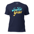 3D mockup of the 'In His Grace' T-shirt in Navy, displaying the elegant script on the front.