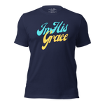 3D mockup of the 'In His Grace' T-shirt in Navy, displaying the elegant script on the front.
