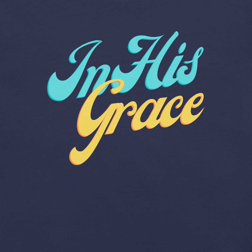 Close-up of 'In His Grace' script on Navy T-shirt.