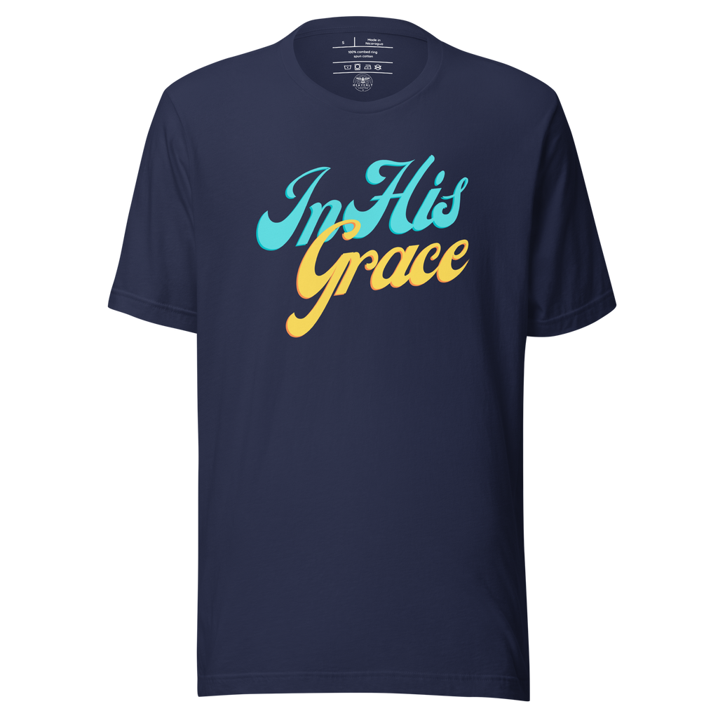 Front view of the Navy 'In His Grace' T-shirt showcasing elegant script text.