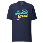 Front view of the Navy 'In His Grace' T-shirt showcasing elegant script text.