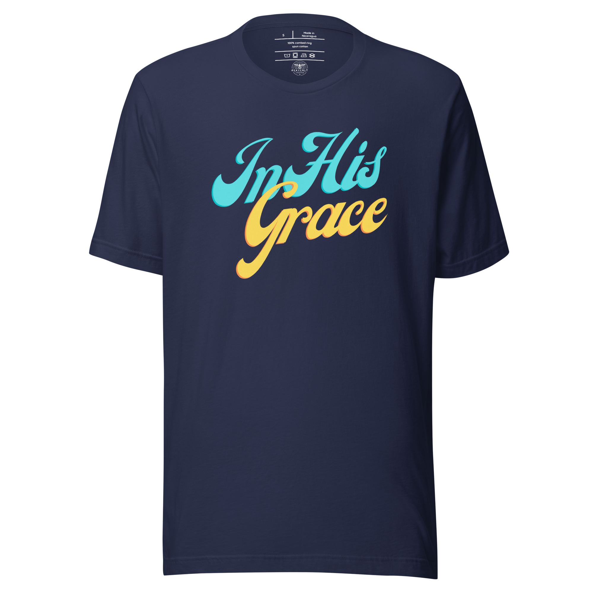 Front view of the Navy 'In His Grace' T-shirt showcasing elegant script text.