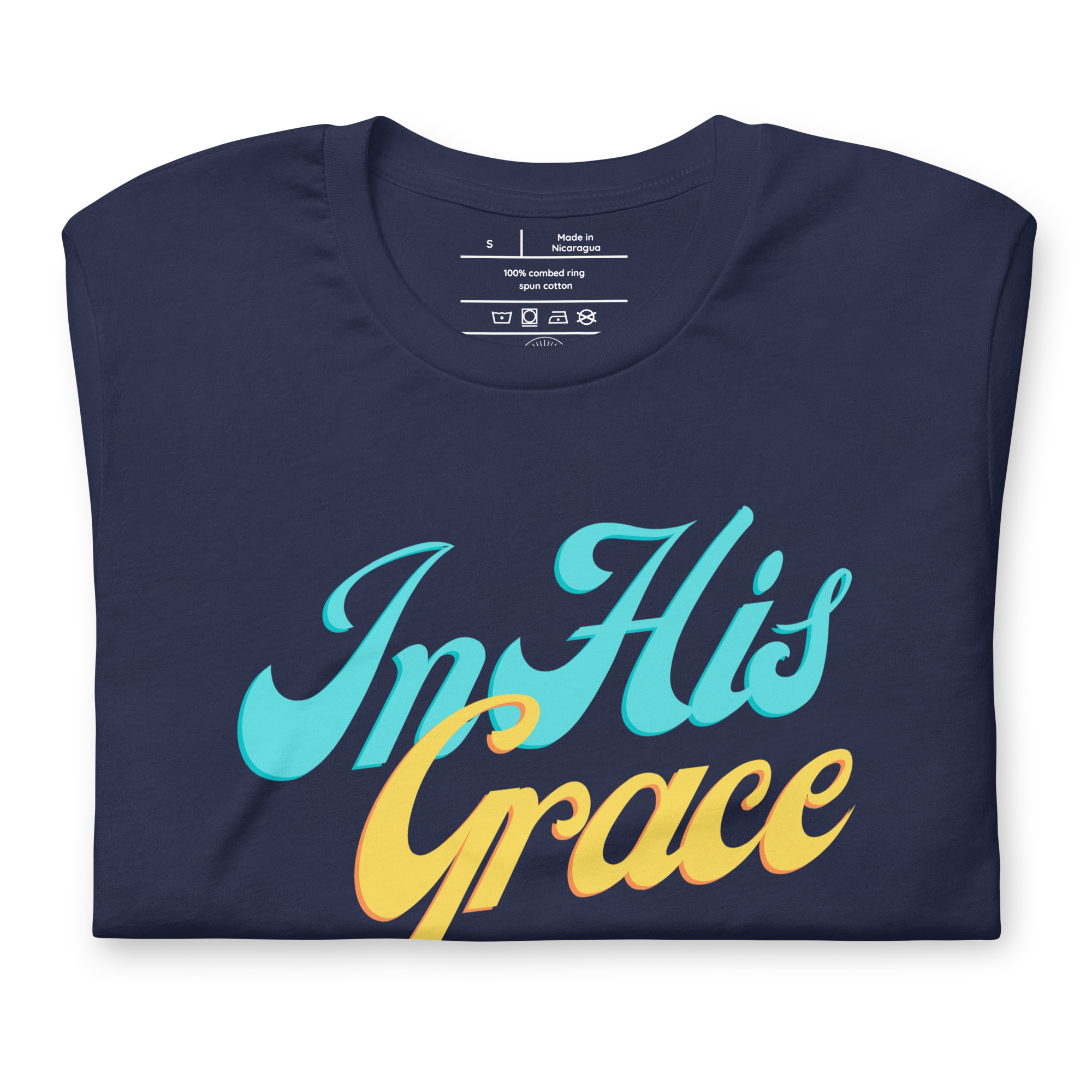 Folded Navy T-shirt with 'In His Grace' in beautiful white fancy script.