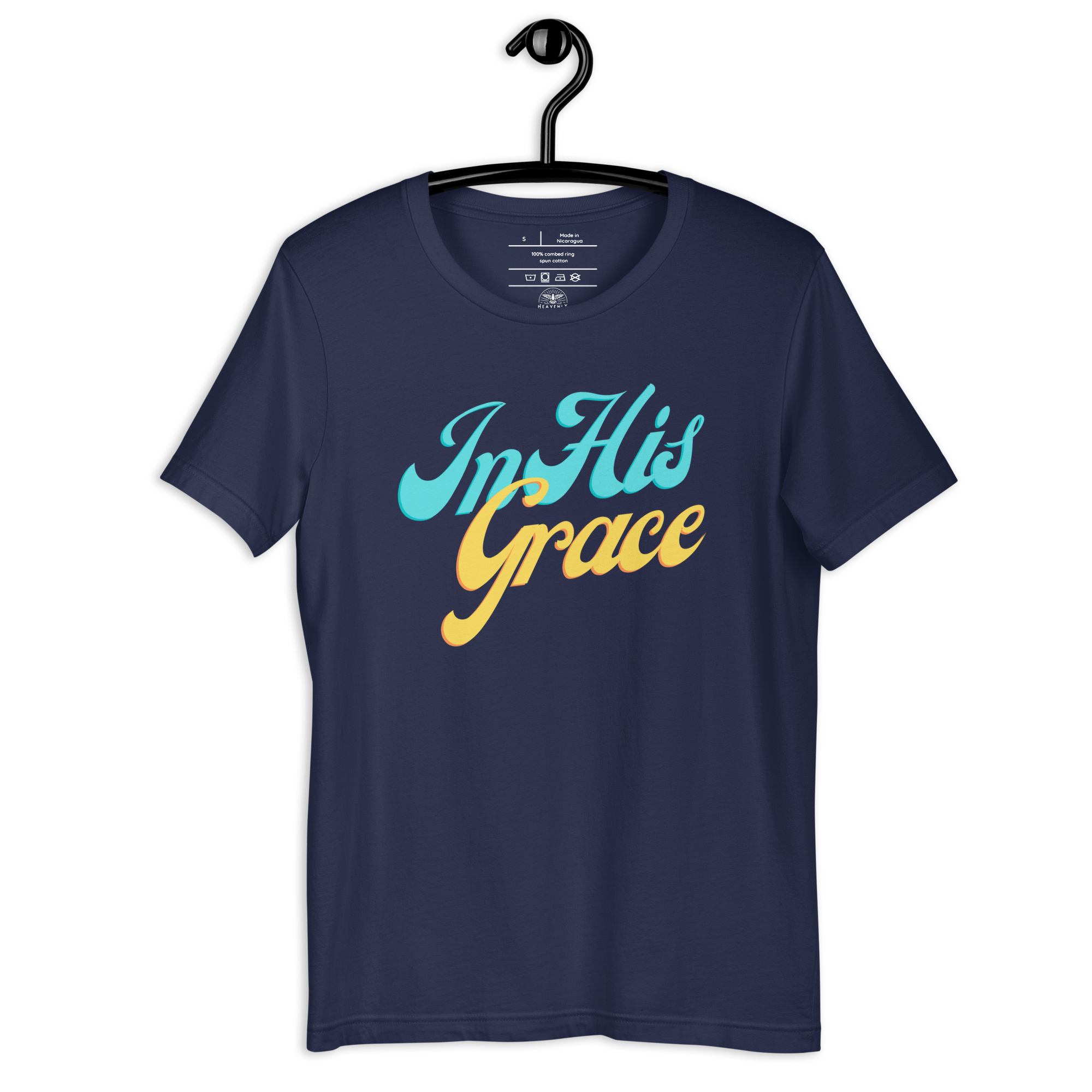 Navy 'In His Grace' T-shirt on a wooden hanger, showcasing the front script.