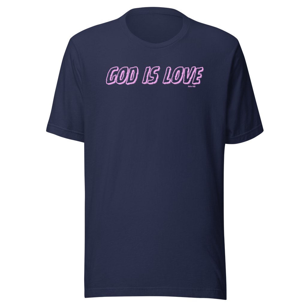 Front view of 'God Is Love' T-shirt in Navy with neon pink and green text.
