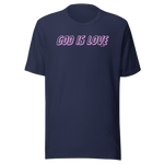 Front view of 'God Is Love' T-shirt in Navy with neon pink and green text.