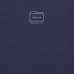 Close-up of Filed Under Grace folder tab graphic on Gospel Noir Christian t-shirt - Navy