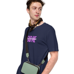 Model wearing the 'Holy Spirit Lead Me' navy T-shirt, three-quarter view. - Male with bag