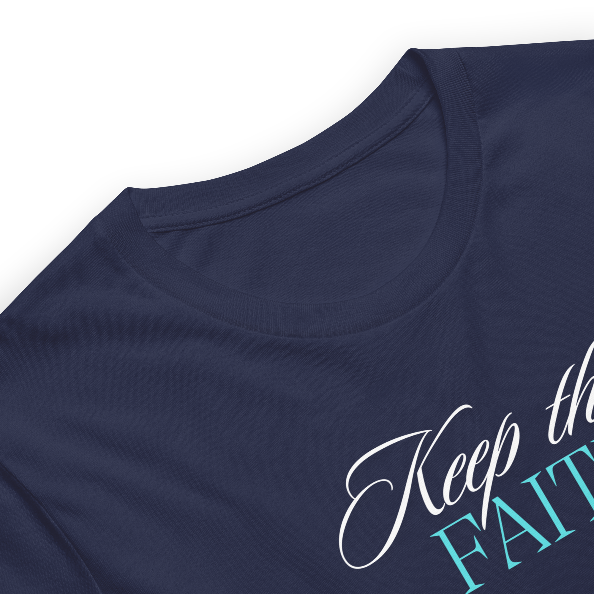 Logo stamp inside 'Keep the Faith' T-shirt, showing brand and care instructions.
