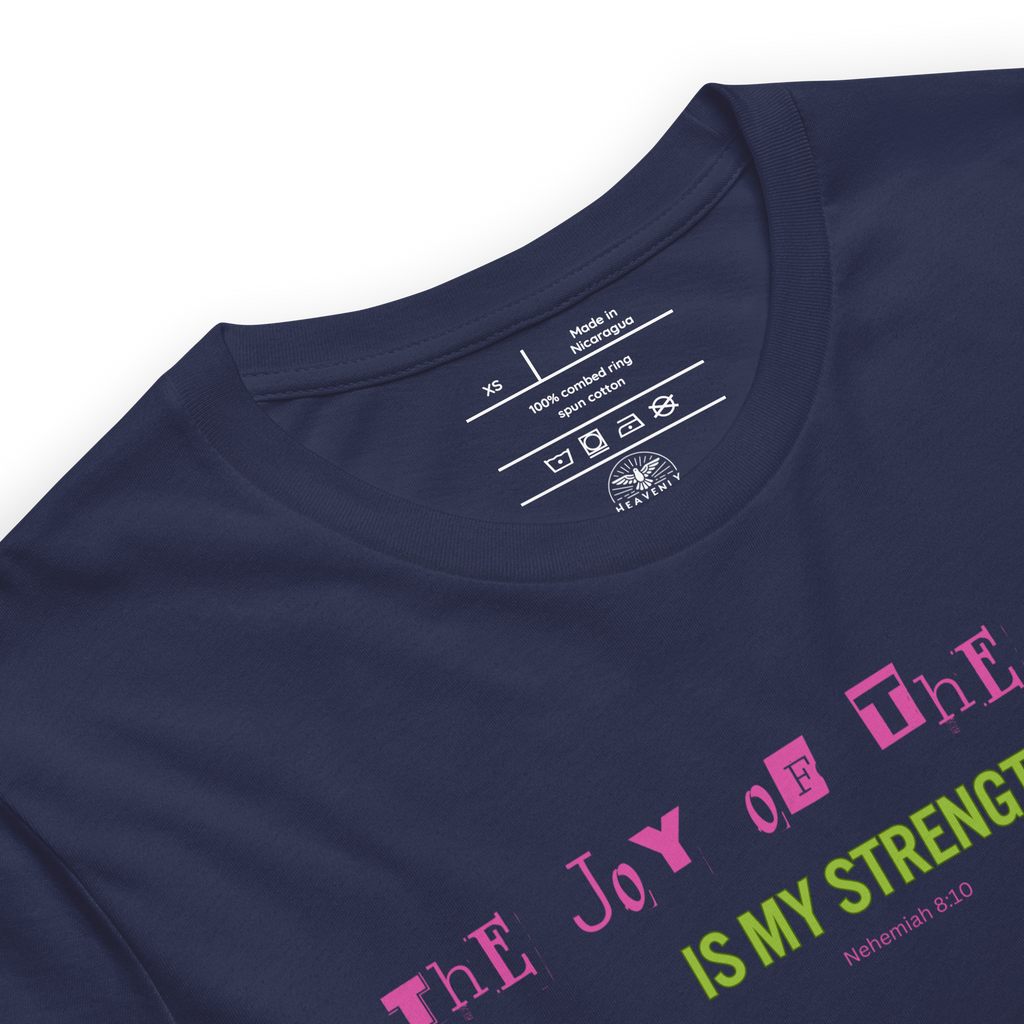 Logo stamp inside 'The Joy of the Lord is My Strength' T-shirt in navy, showing brand and care instructions.