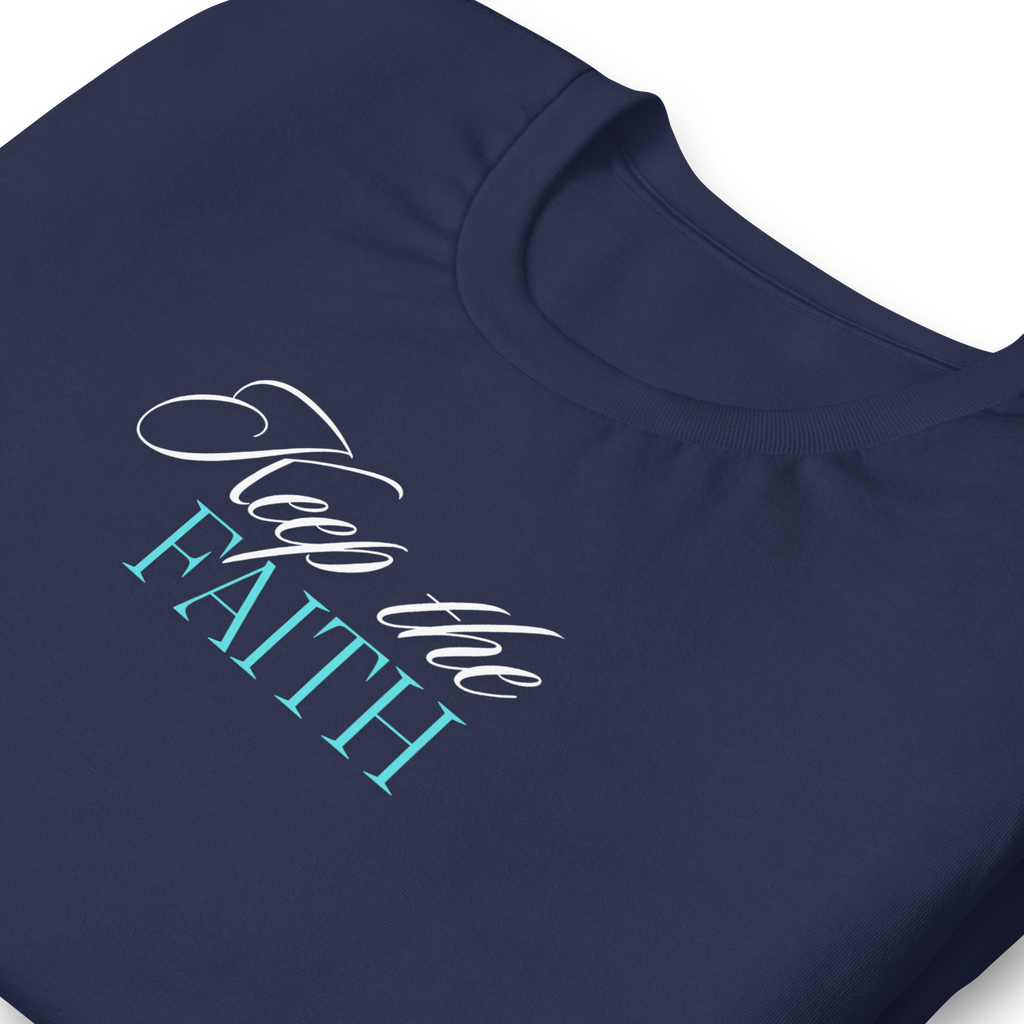 Front view of 'Keep the Faith' navy T-shirt on a flat surface.