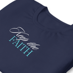 Front view of 'Keep the Faith' navy T-shirt on a flat surface.