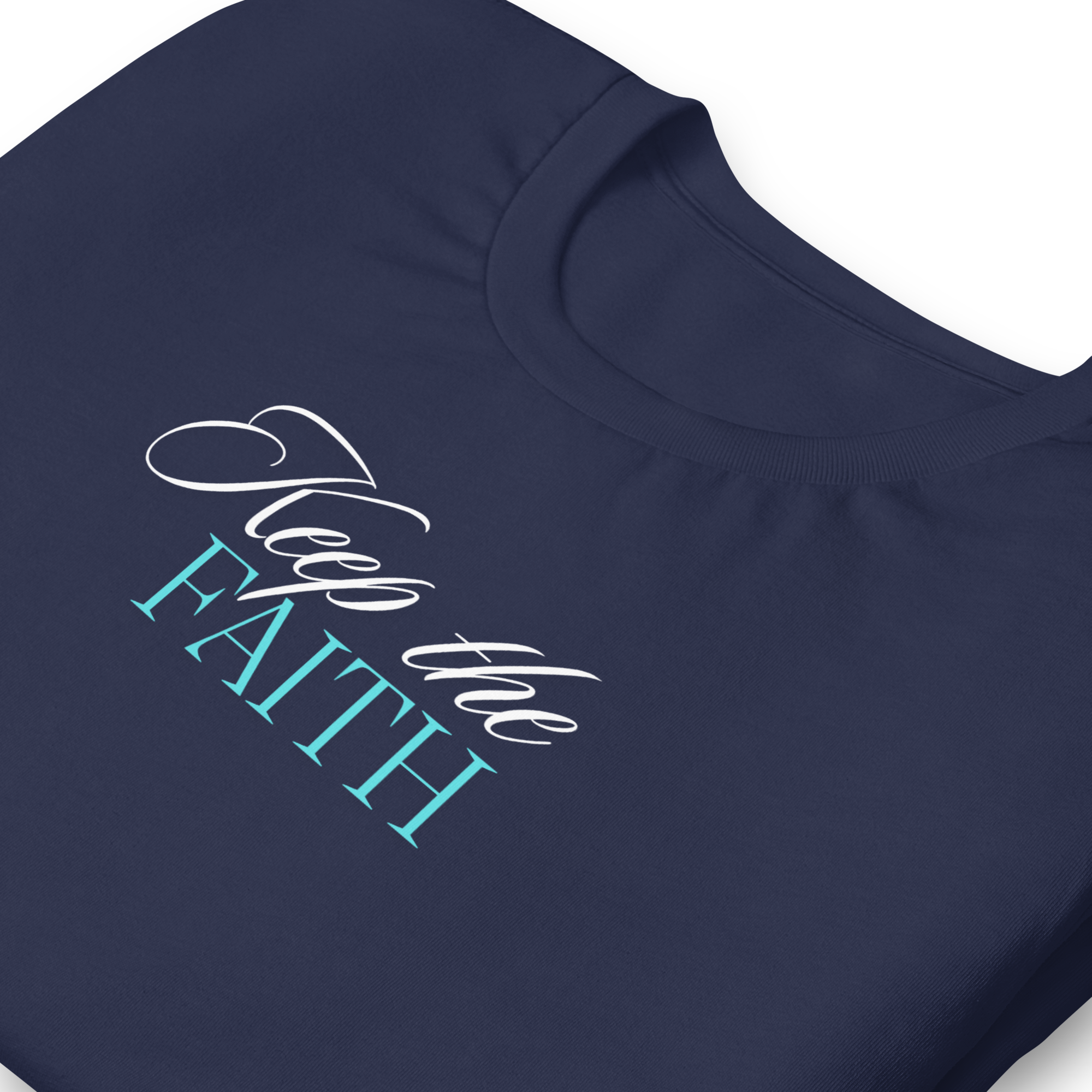 Front view of 'Keep the Faith' navy T-shirt on a flat surface.