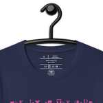 Close view of navy T-shirt on a hanger, plain. Close up view of Logo