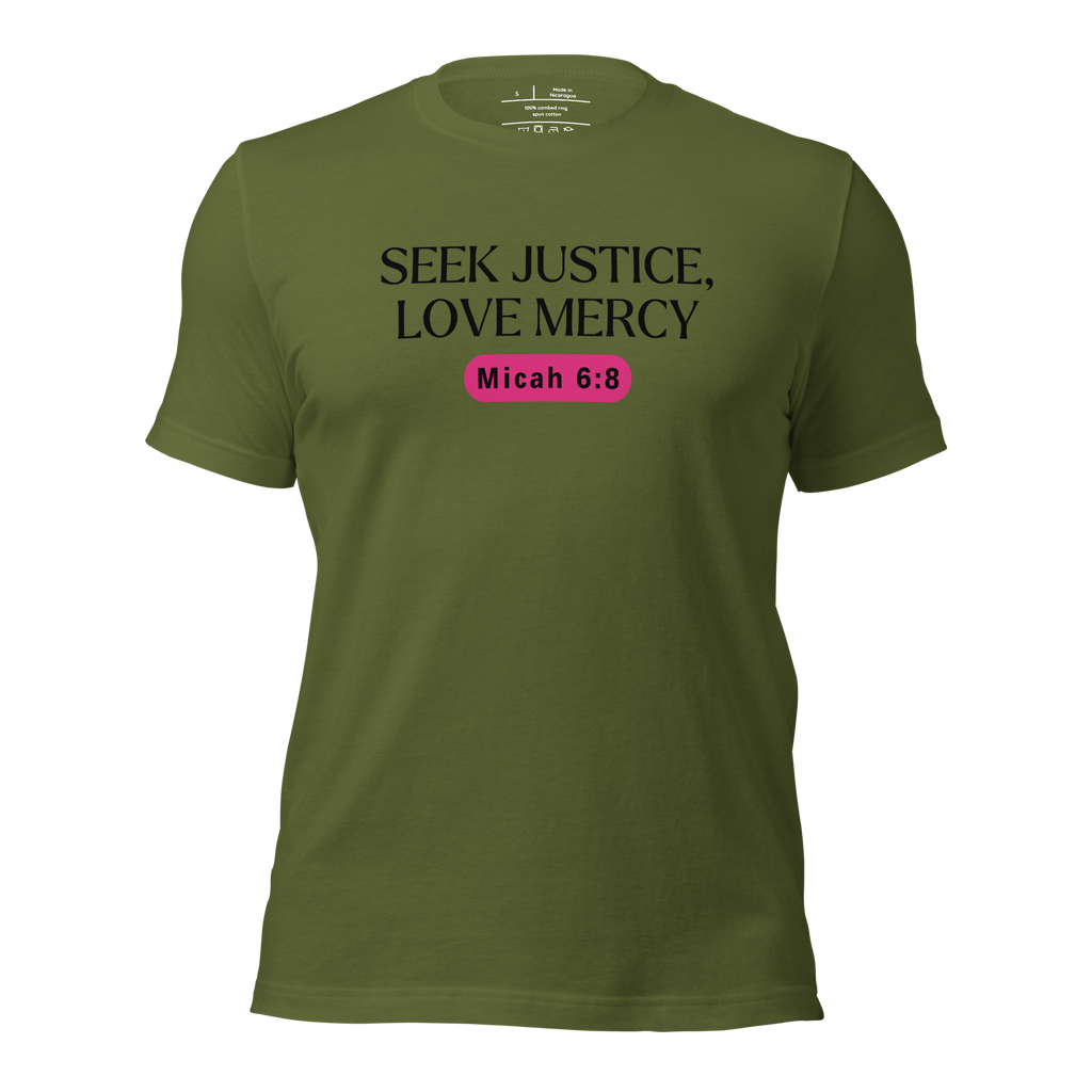 3D mockup of the 'Army of Faith' T-shirt in Army Green, featuring bold black text and a pink button-like design. Inspired by Ephesians 6:11, this unisex shirt is made from 100% combed and ring-spun cotton for a soft, comfortable fit that showcases a strong statement of faith.