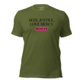 3D mockup of the 'Army of Faith' T-shirt in Army Green, featuring bold black text and a pink button-like design. Inspired by Ephesians 6:11, this unisex shirt is made from 100% combed and ring-spun cotton for a soft, comfortable fit that showcases a strong statement of faith.