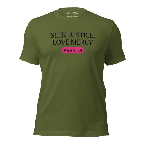 3D mockup of the 'Army of Faith' T-shirt in Army Green, featuring bold black text and a pink button-like design. Inspired by Ephesians 6:11, this unisex shirt is made from 100% combed and ring-spun cotton for a soft, comfortable fit that showcases a strong statement of faith.