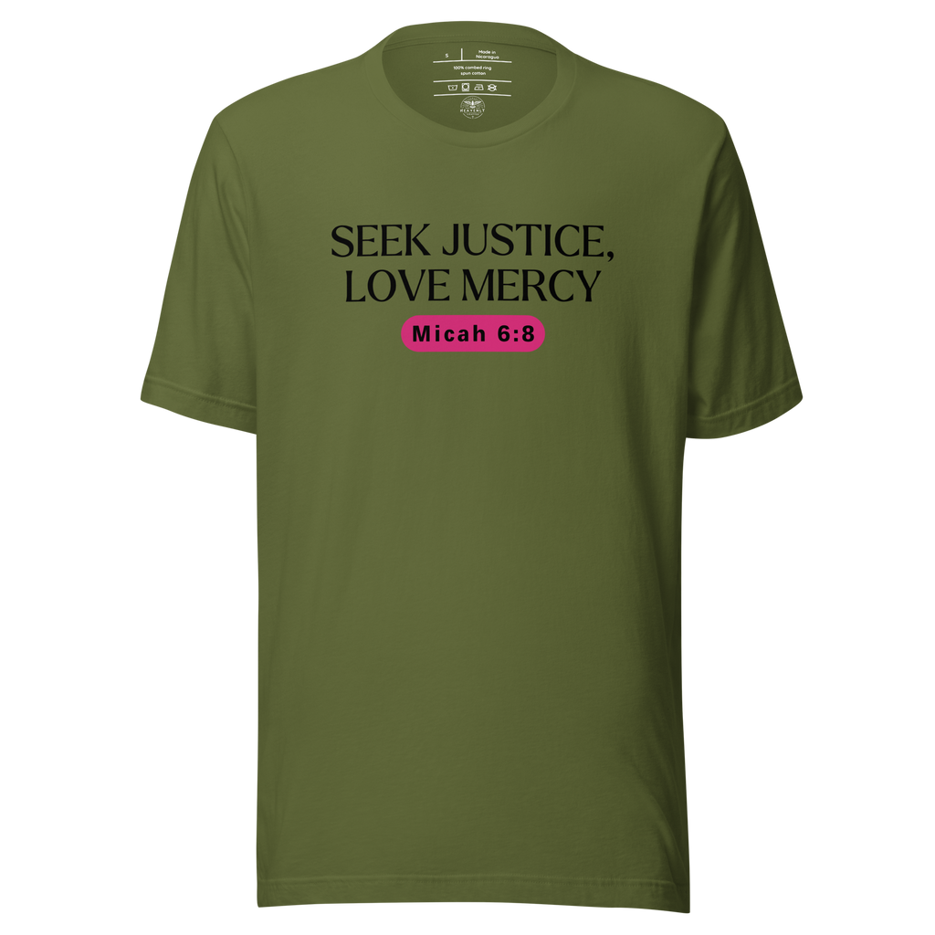 Front view of the 'Army of Faith' T-shirt in Army Green, featuring bold black text and a distinctive pink button design. Inspired by Ephesians 6:11, this shirt makes a strong faith statement while offering a comfortable and stylish fit.