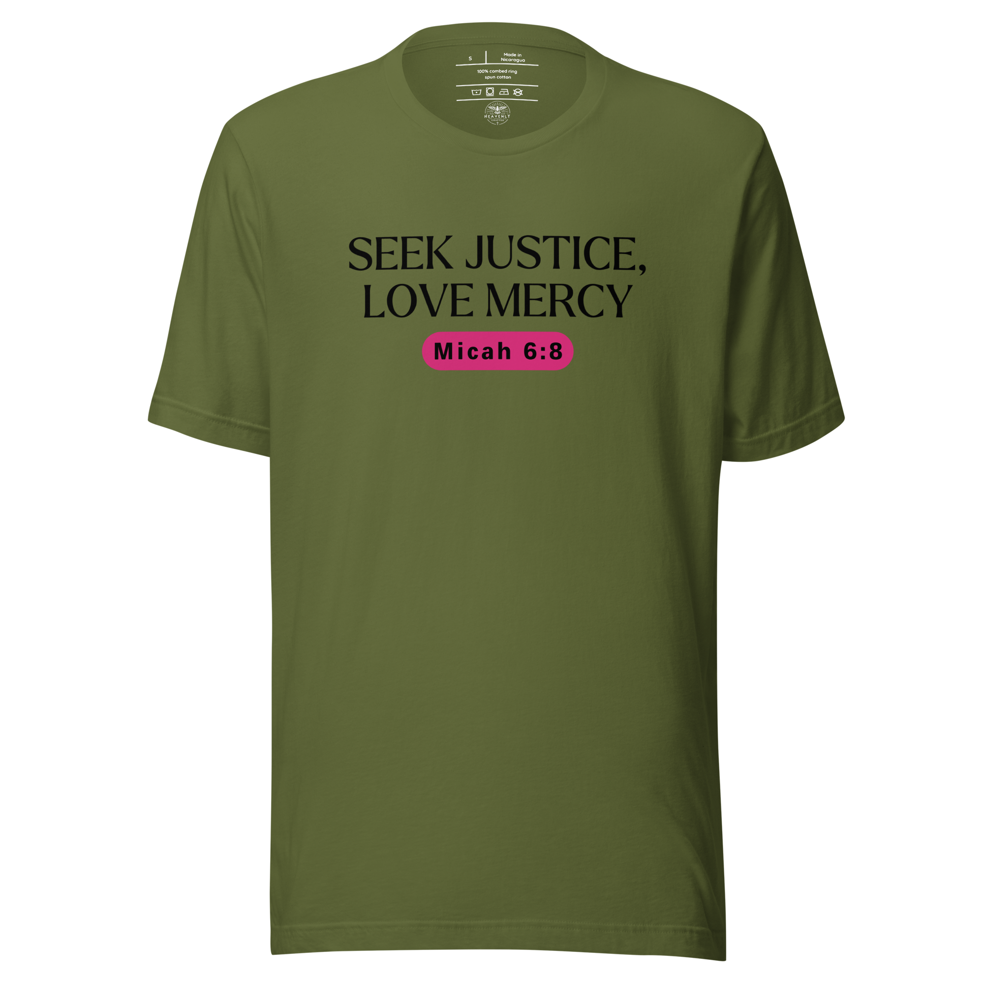 Front view of the 'Army of Faith' T-shirt in Army Green, featuring bold black text and a distinctive pink button design. Inspired by Ephesians 6:11, this shirt makes a strong faith statement while offering a comfortable and stylish fit.