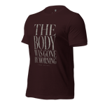 Gospel Noir faith streetwear t-shirt with resurrection evidence graphic Oxblood Red "The body was gone by morning" Design - Gospel noir Designs right