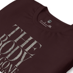 Close-up of Gospel Noir collar label inside Christian streetwear t-shirt Oxblood Red Logo 
