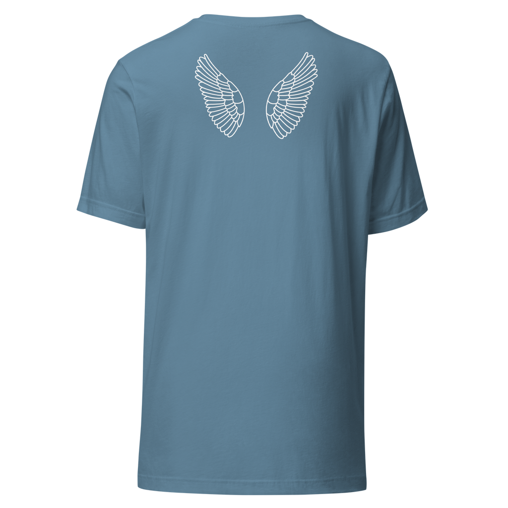 3D mockup of 'Under His Wings' T-shirt in navy blue with glowing text. Back with little Angel Wings