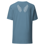 3D mockup of 'Under His Wings' T-shirt in navy blue with glowing text. Back with little Angel Wings
