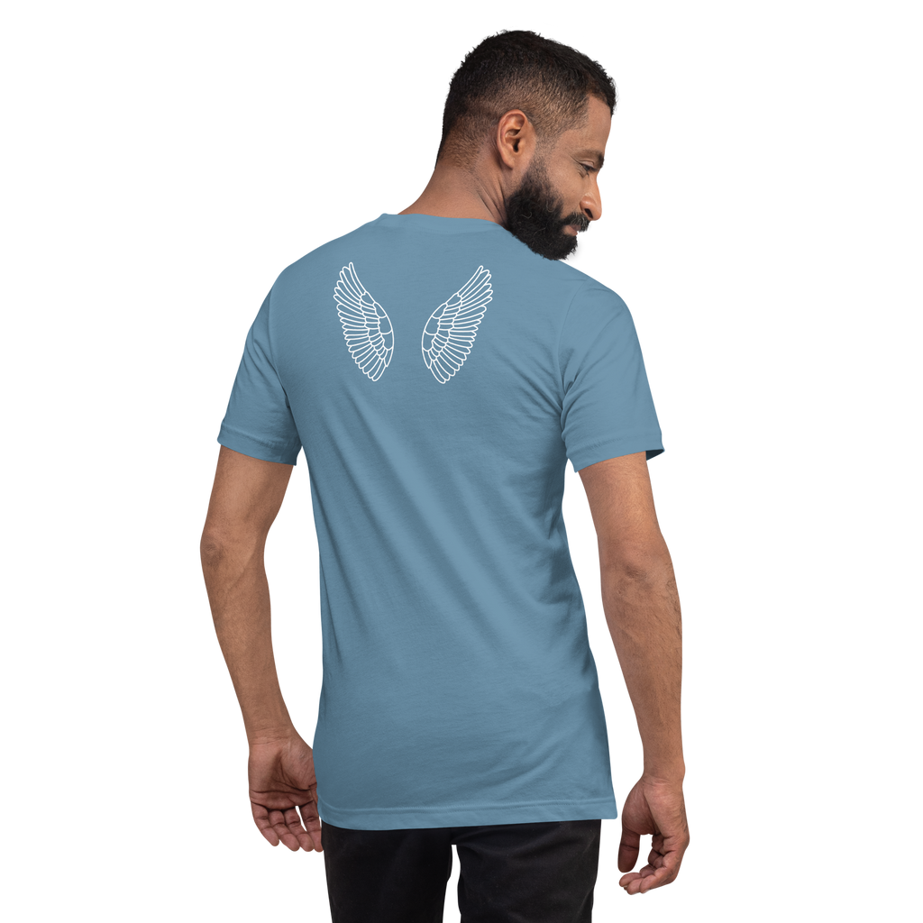 Model wearing 'Under His Wings' T-shirt in navy blue, back view. of Angel wings on back