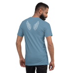 Model wearing 'Under His Wings' T-shirt in navy blue, back view. of Angel wings on back
