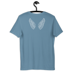 Back view of navy blue T-shirt on a hanger, plain. Angel wings on the back