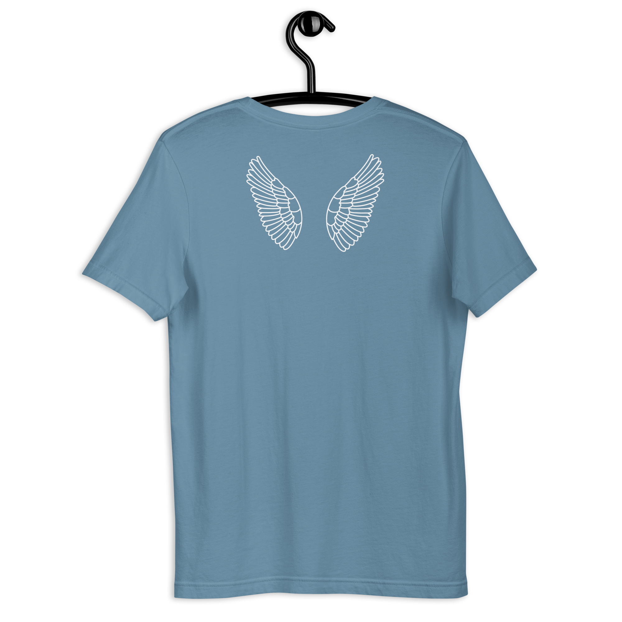 Back view of navy blue T-shirt on a hanger, plain. Angel wings on the back