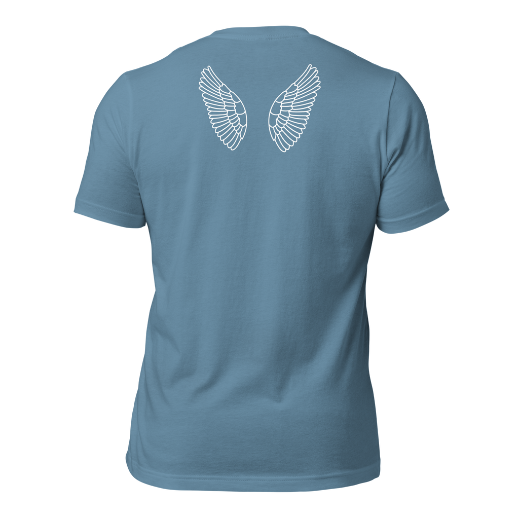Back view of navy blue T-shirt on a hanger, plain. Angel White Outlined Wings on the back