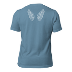 Back view of navy blue T-shirt on a hanger, plain. Angel White Outlined Wings on the back