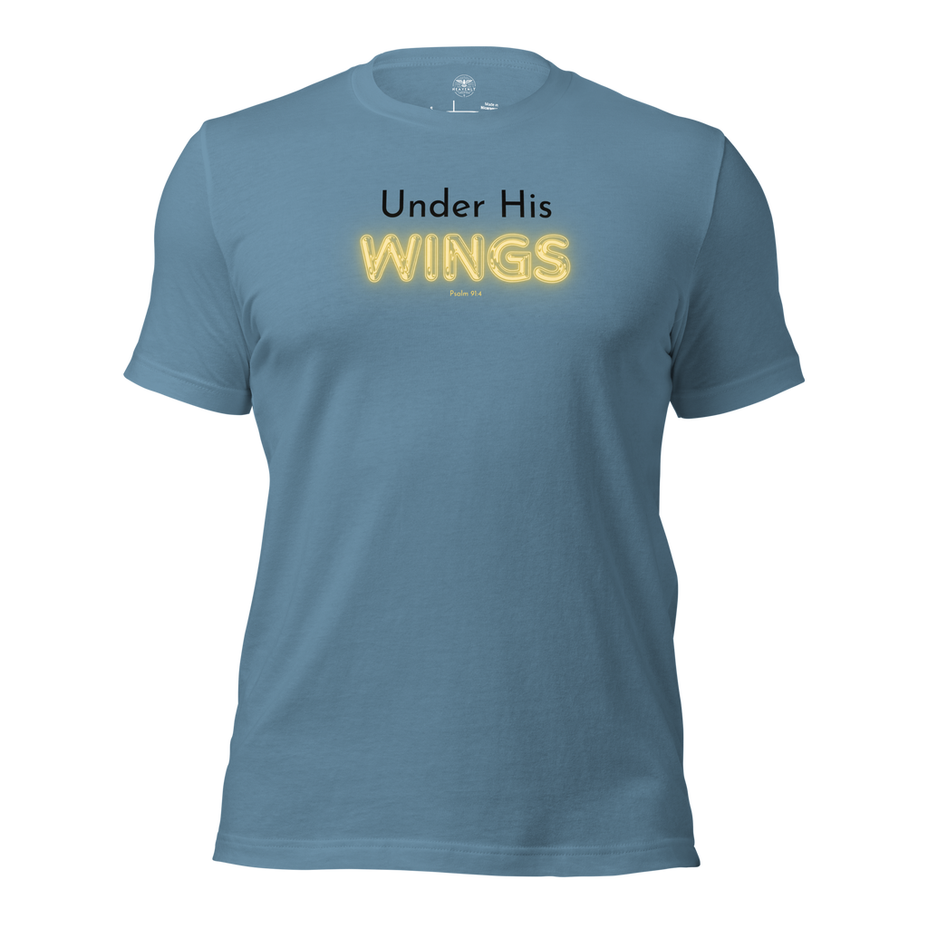 3D mockup of 'Under His Wings' T-shirt in navy blue with glowing text.