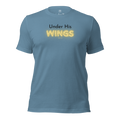3D mockup of 'Under His Wings' T-shirt in navy blue with glowing text.