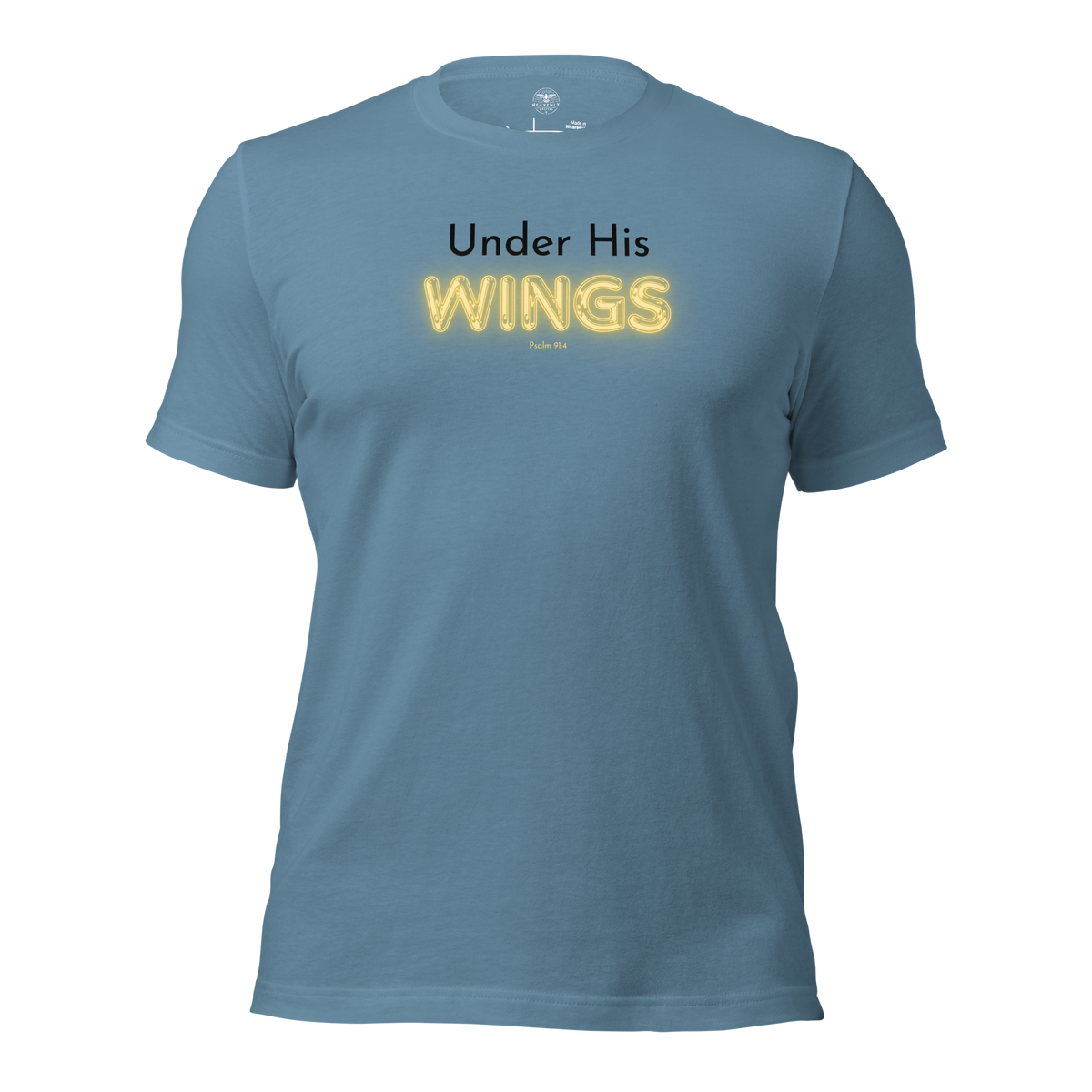 3D mockup of 'Under His Wings' T-shirt in navy blue with glowing text.
