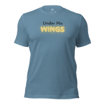 3D mockup of 'Under His Wings' T-shirt in navy blue with glowing text.