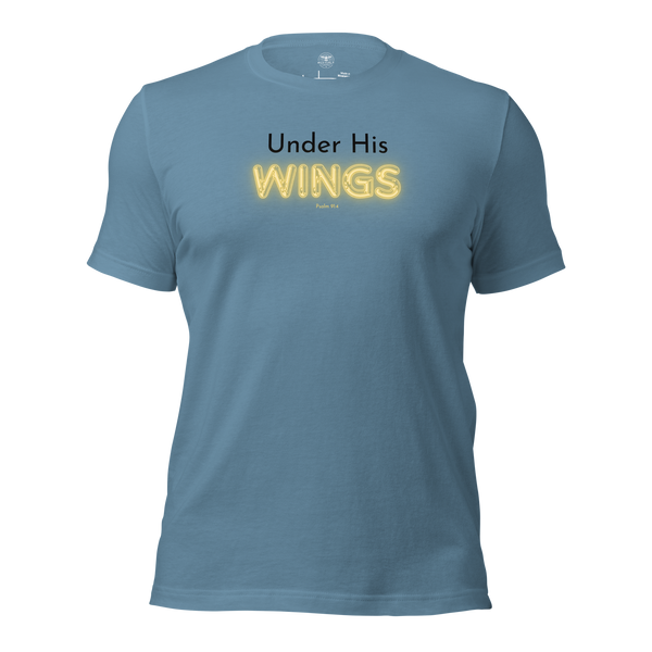 3D mockup of 'Under His Wings' T-shirt in navy blue with glowing text.