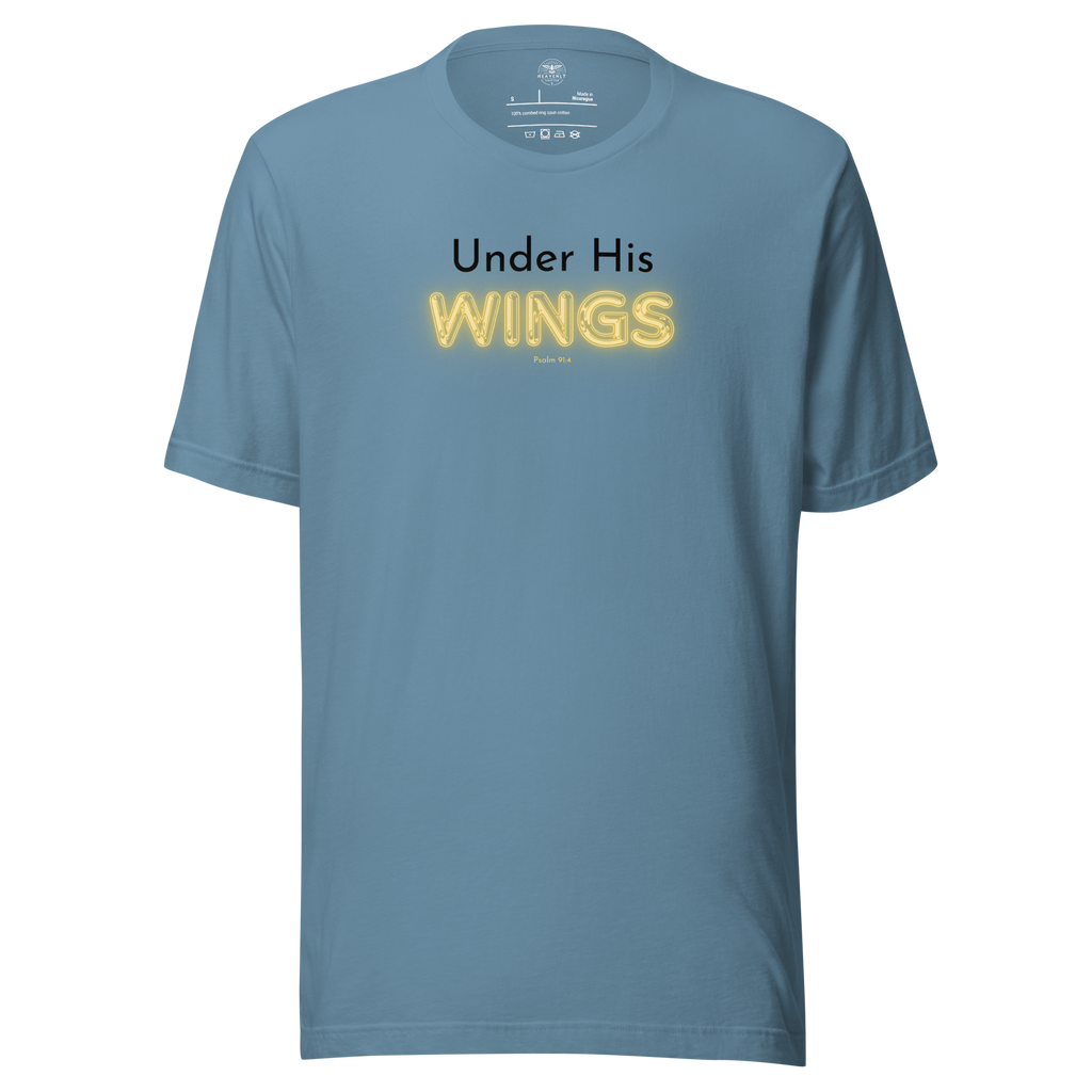 Front view of 'Under His Wings' T-shirt showing black and yellow text on navy blue fabric.