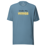 Front view of 'Under His Wings' T-shirt showing black and yellow text on navy blue fabric.