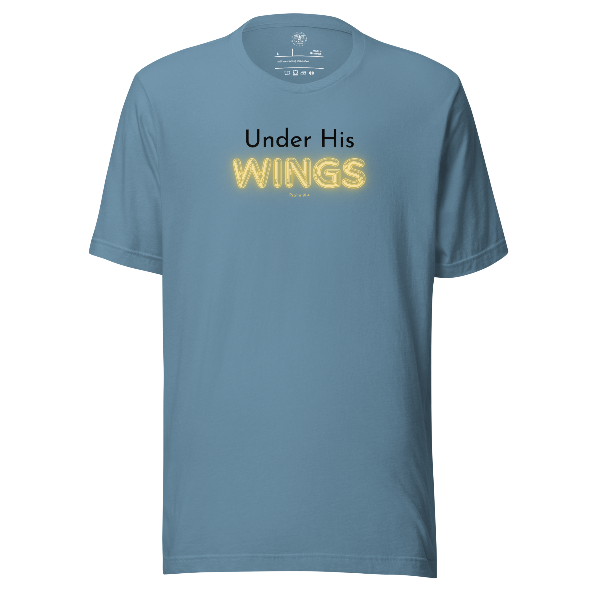 Front view of 'Under His Wings' T-shirt showing black and yellow text on navy blue fabric.