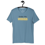Navy blue 'Under His Wings' T-shirt hanging on a wooden hanger.