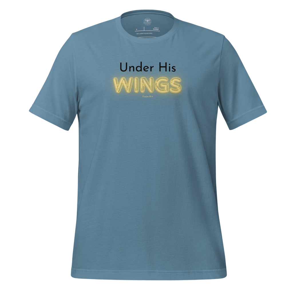 3D mockup of 'Under His Wings' T-shirt in navy blue with glowing text.