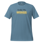 3D mockup of 'Under His Wings' T-shirt in navy blue with glowing text.