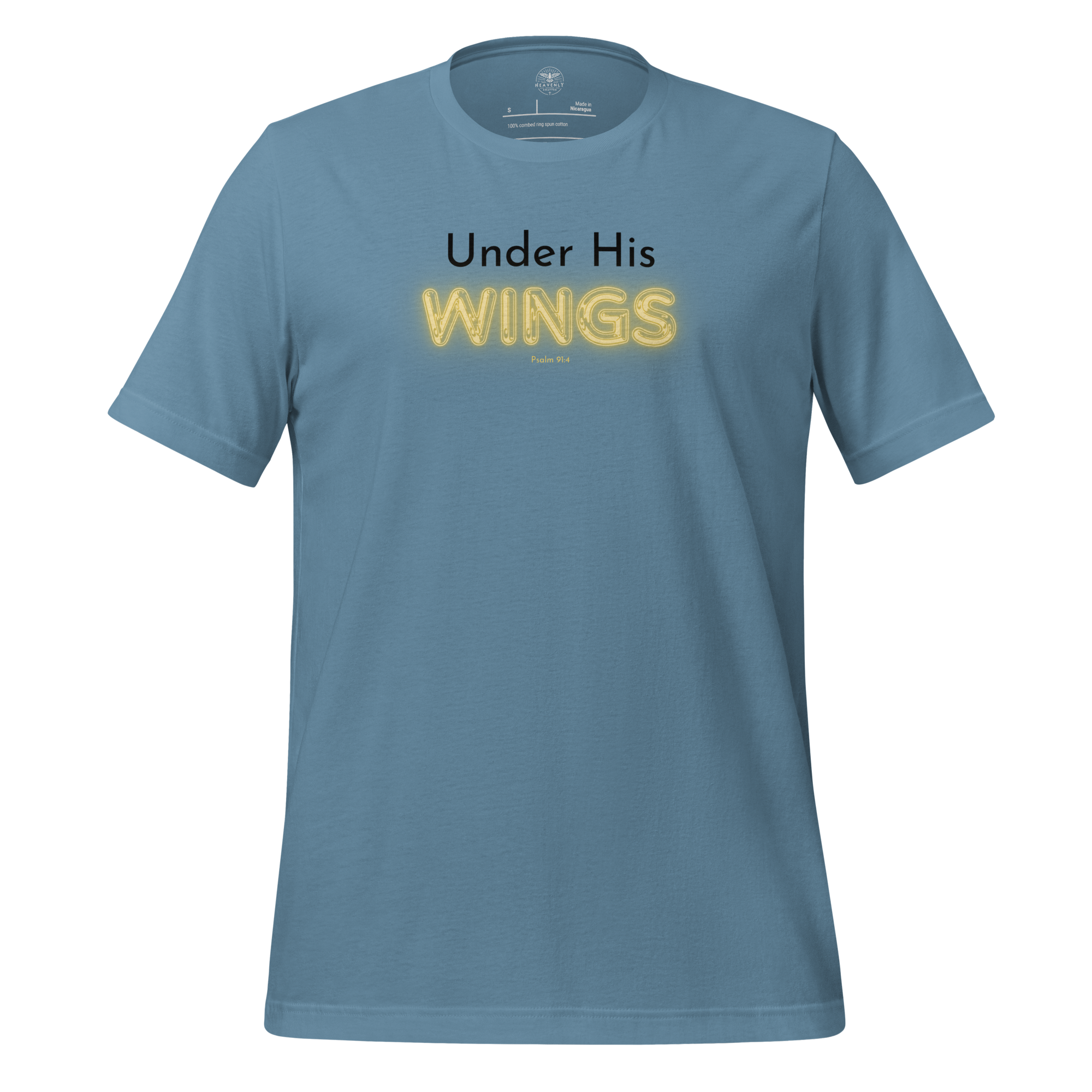 3D mockup of 'Under His Wings' T-shirt in navy blue with glowing text.