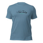 3D mockup of 'Not Today Satan' T-shirt in Steel Blue, displaying front text.