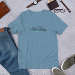 Display of 'Not Today Satan' T-shirt in Steel Blue on storefront.