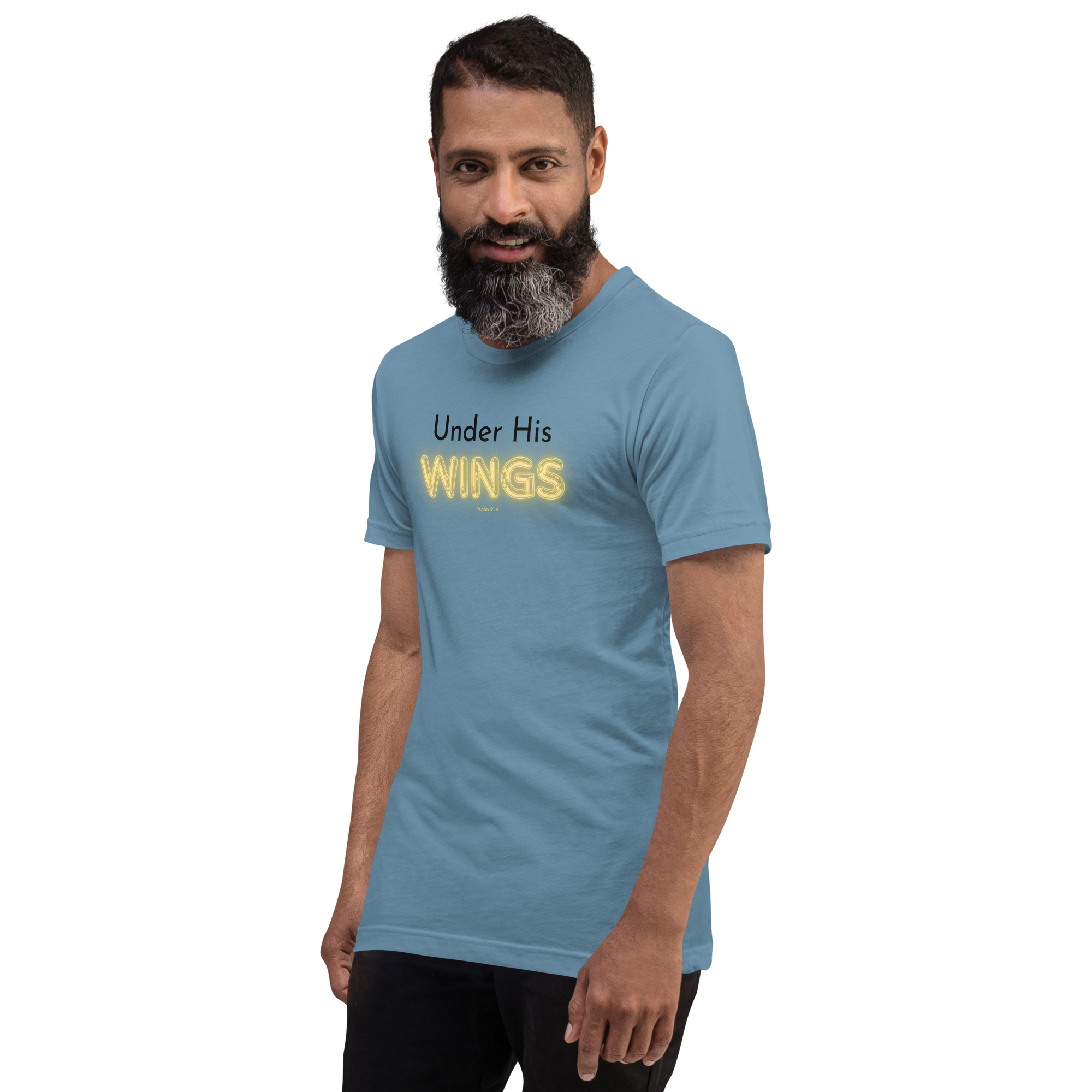 Model wearing 'Under His Wings' T-shirt in navy blue, three-quarter view.