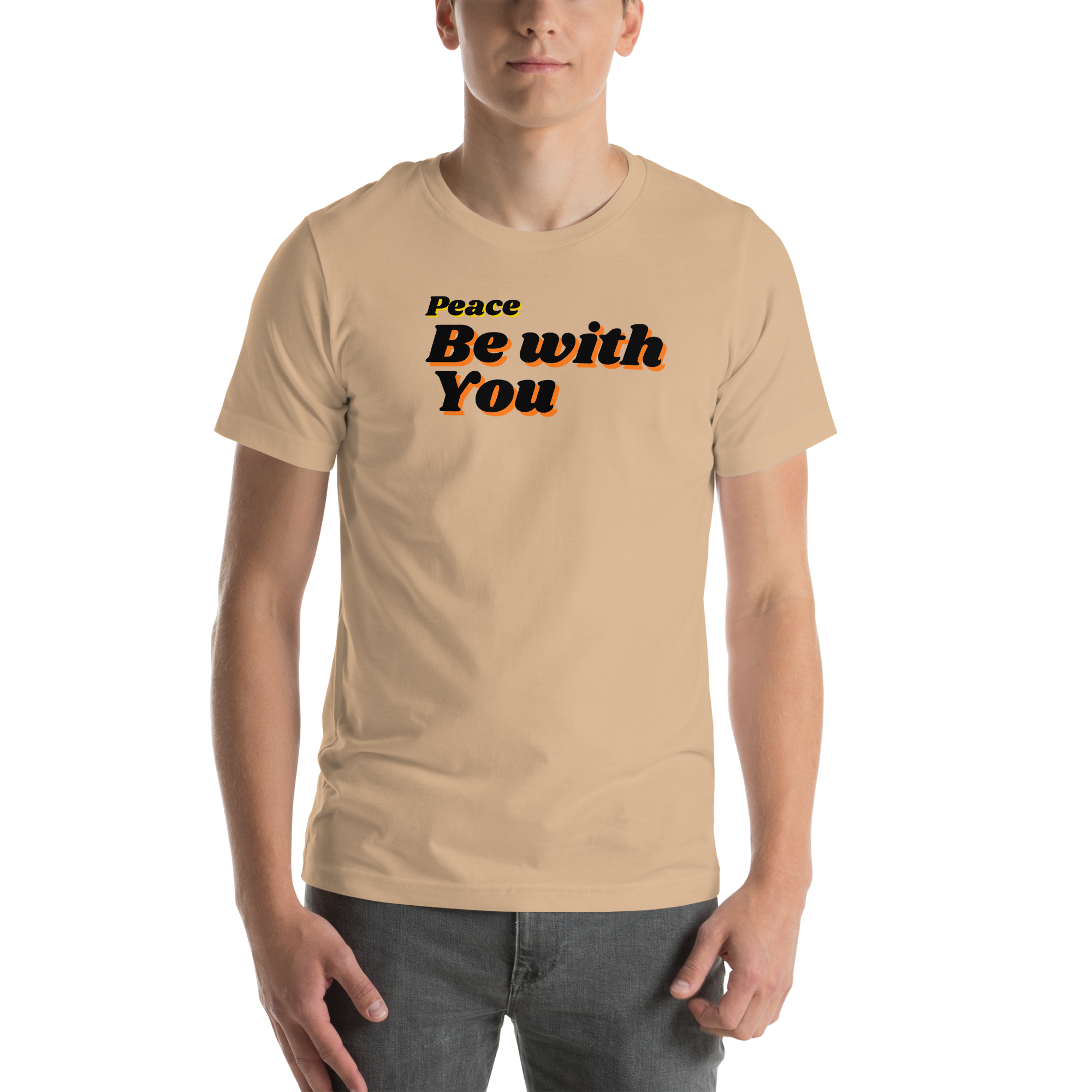 3D mockup of navy 'Peace Be With You' T-shirt.